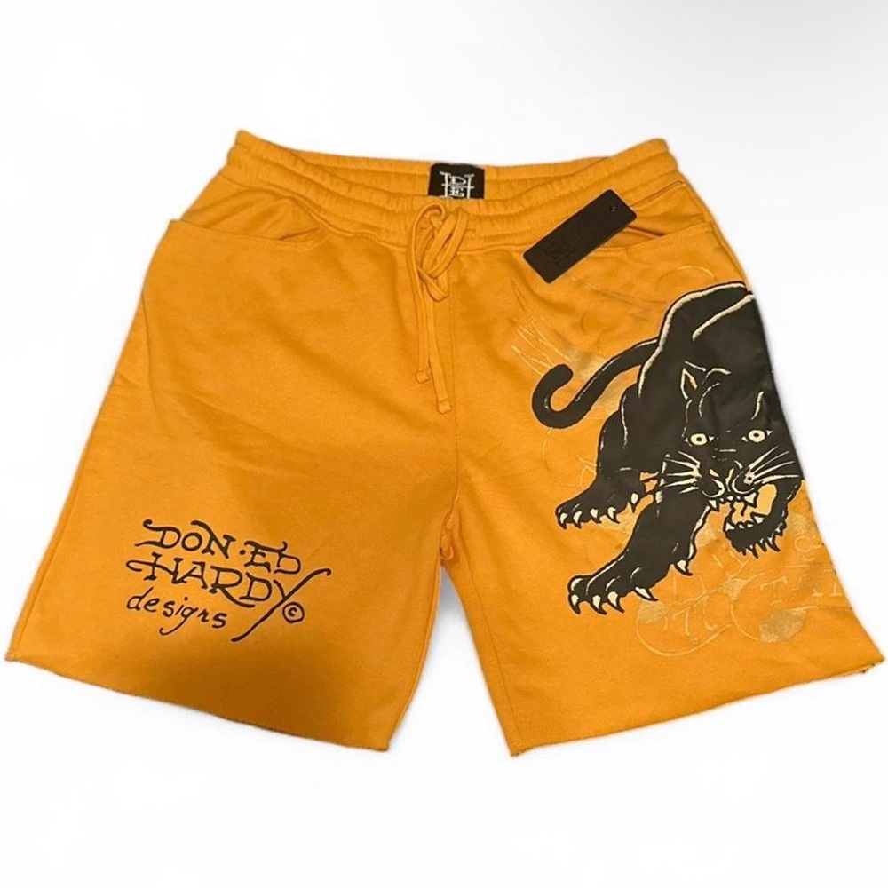 Ed Hardy Men's Athletic Shorts in Bold yellow with Panther Graphic